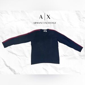 Armani Exchange Black Cotton V-Neck Sweater with Red Sleeve Stripes